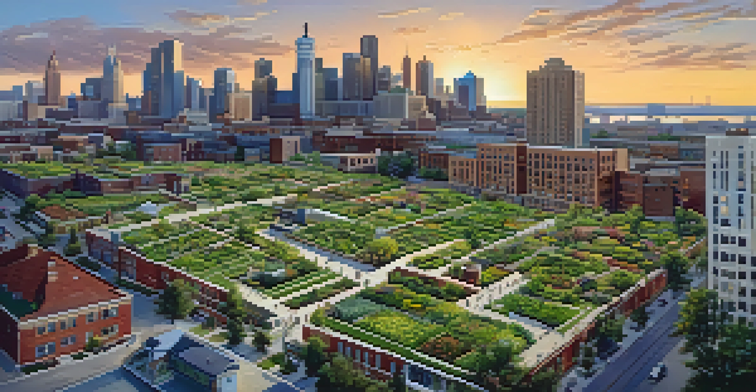 An aerial view of Detroit showing green rooftops and urban gardens, with people on tree-lined streets and construction cranes in the skyline.