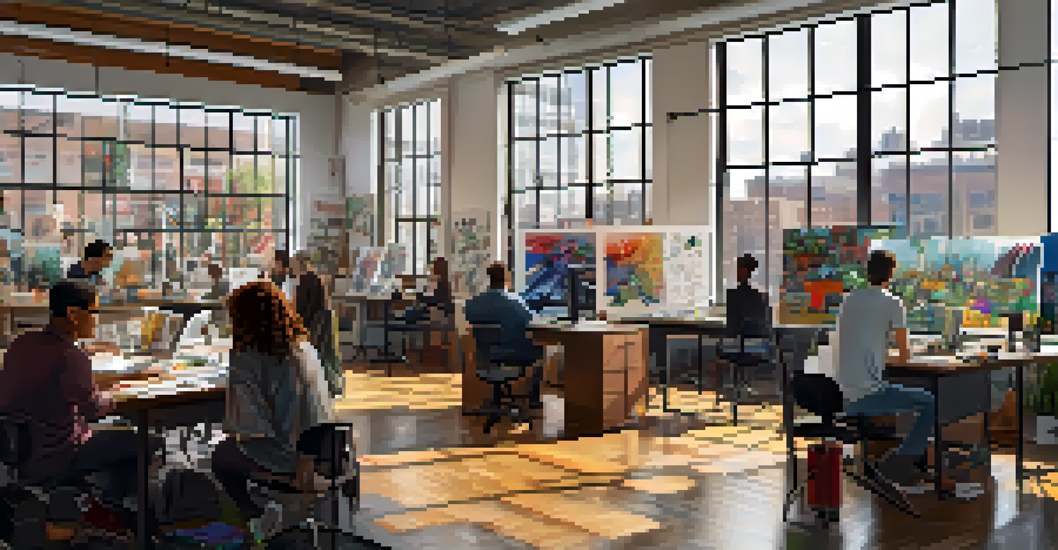 Interior of a creative workspace in Detroit with young artists and tech innovators brainstorming, filled with art supplies and natural light.