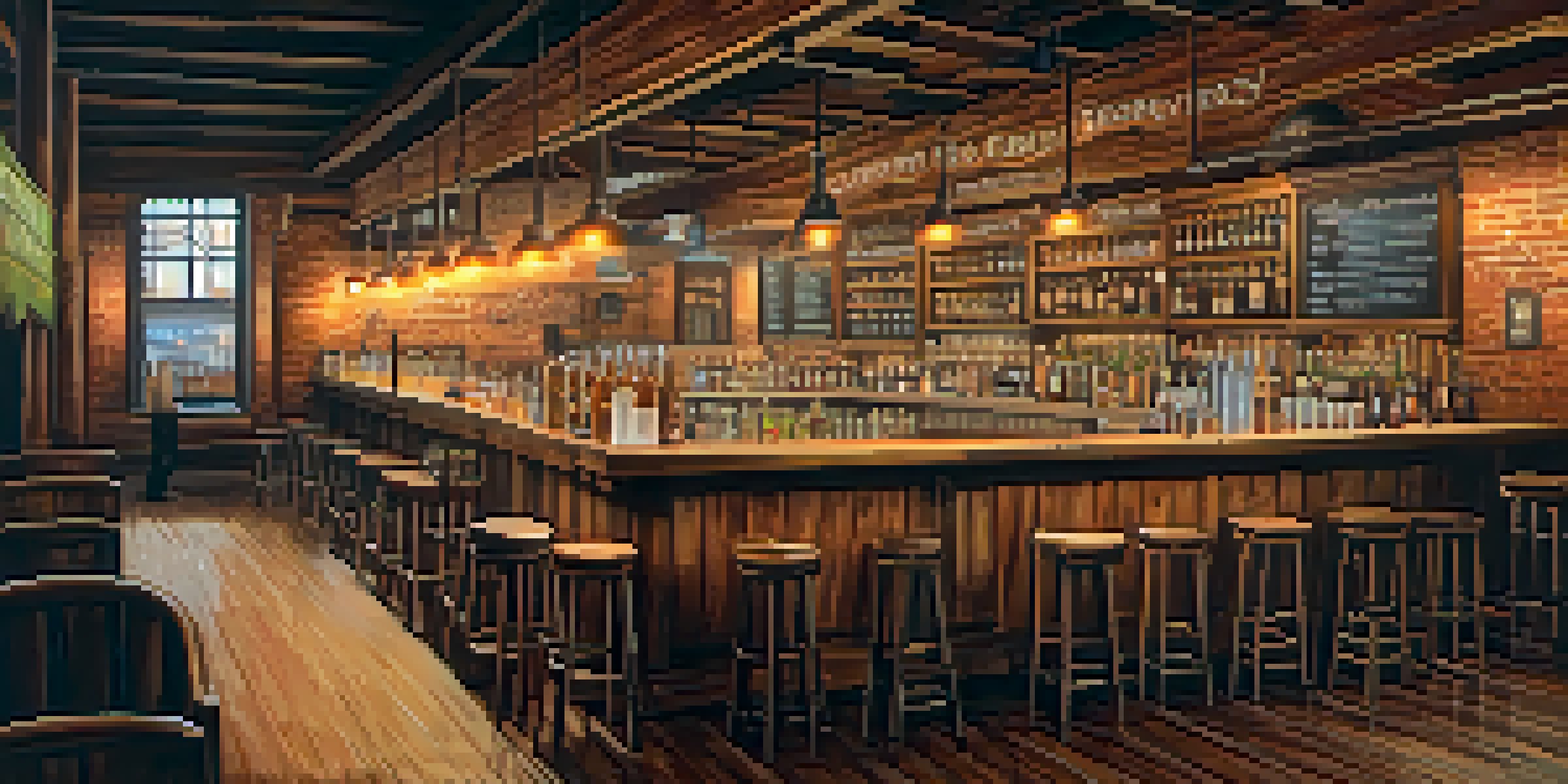 Interior of a busy craft brewery in Detroit with wooden barrels and patrons at the bar, warmly lit with a chalkboard menu.