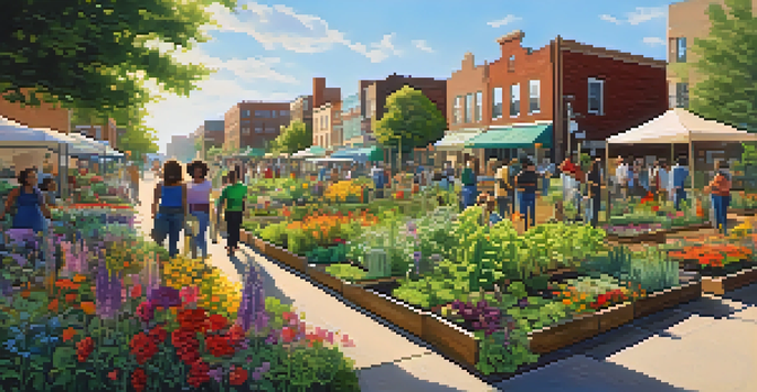 A community garden in Detroit with diverse residents planting flowers and vegetables under warm sunlight, with a colorful mural in the background.