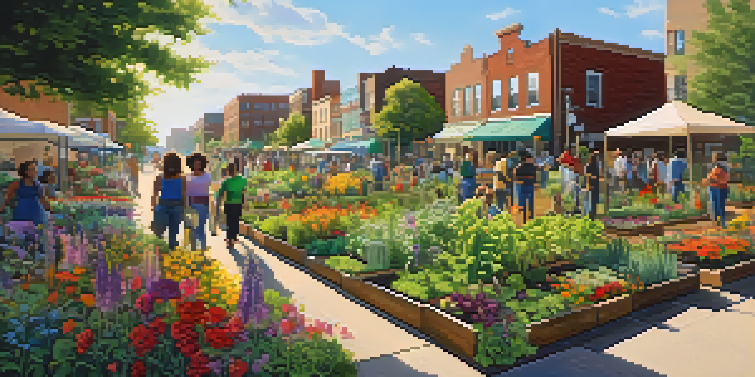 A community garden in Detroit with diverse residents planting flowers and vegetables under warm sunlight, with a colorful mural in the background.