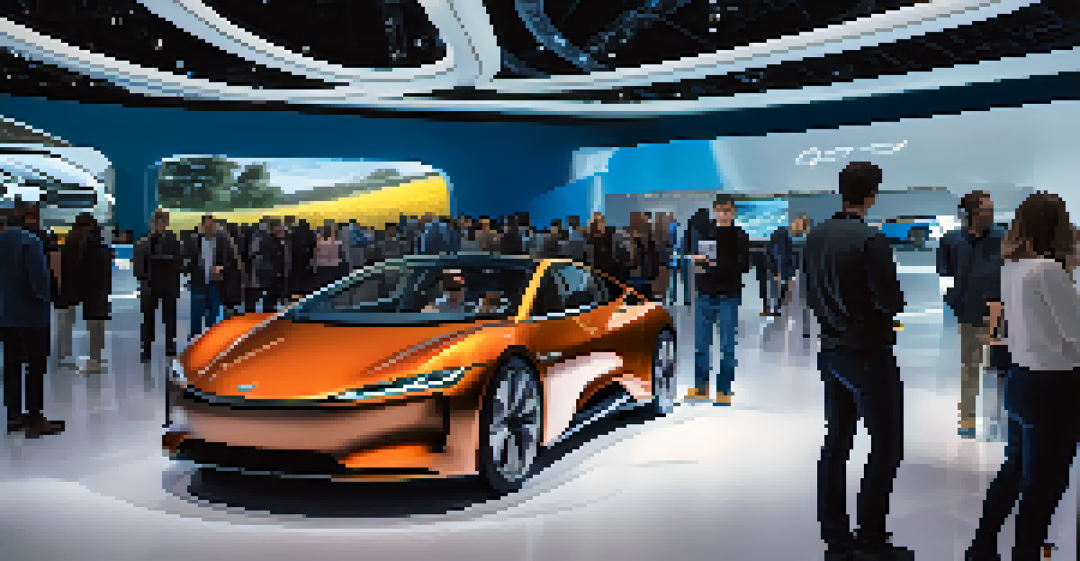 A contemporary scene of the Detroit Auto Show in the 2020s featuring electric vehicles and attendees using virtual reality technology.