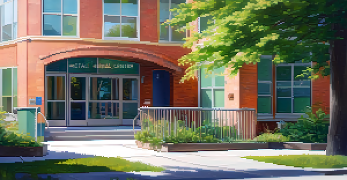 A community mental health center with colorful murals and greenery, bathed in soft morning light.
