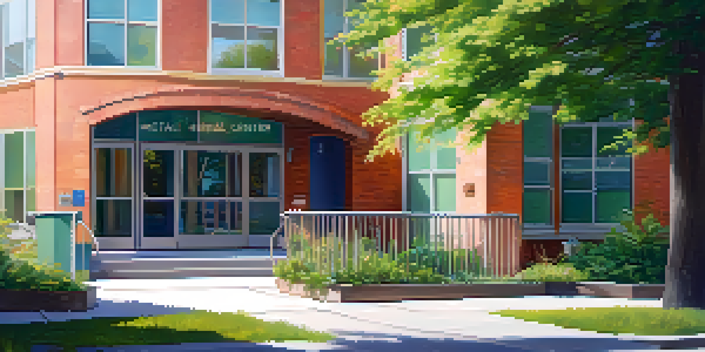 A community mental health center with colorful murals and greenery, bathed in soft morning light.