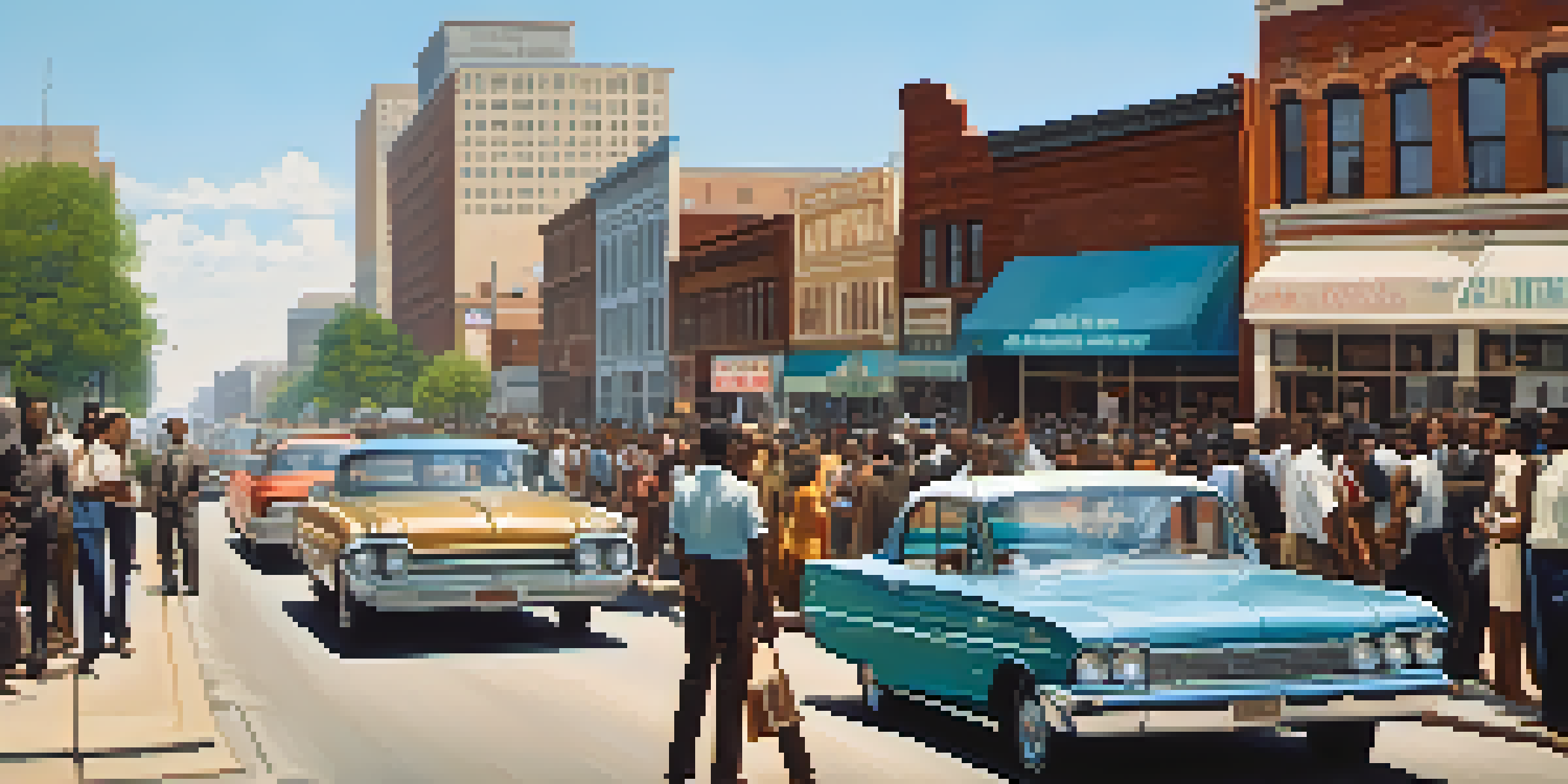 A historical depiction of civil rights activists in 1960s Detroit, with signs promoting equality and justice, and a diverse crowd in support, under warm sunlight.