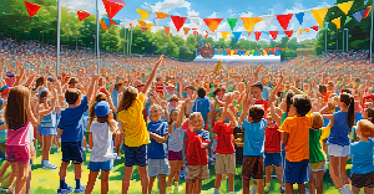 Children holding trophies during a community event celebrating youth sports, with families cheering in the background.