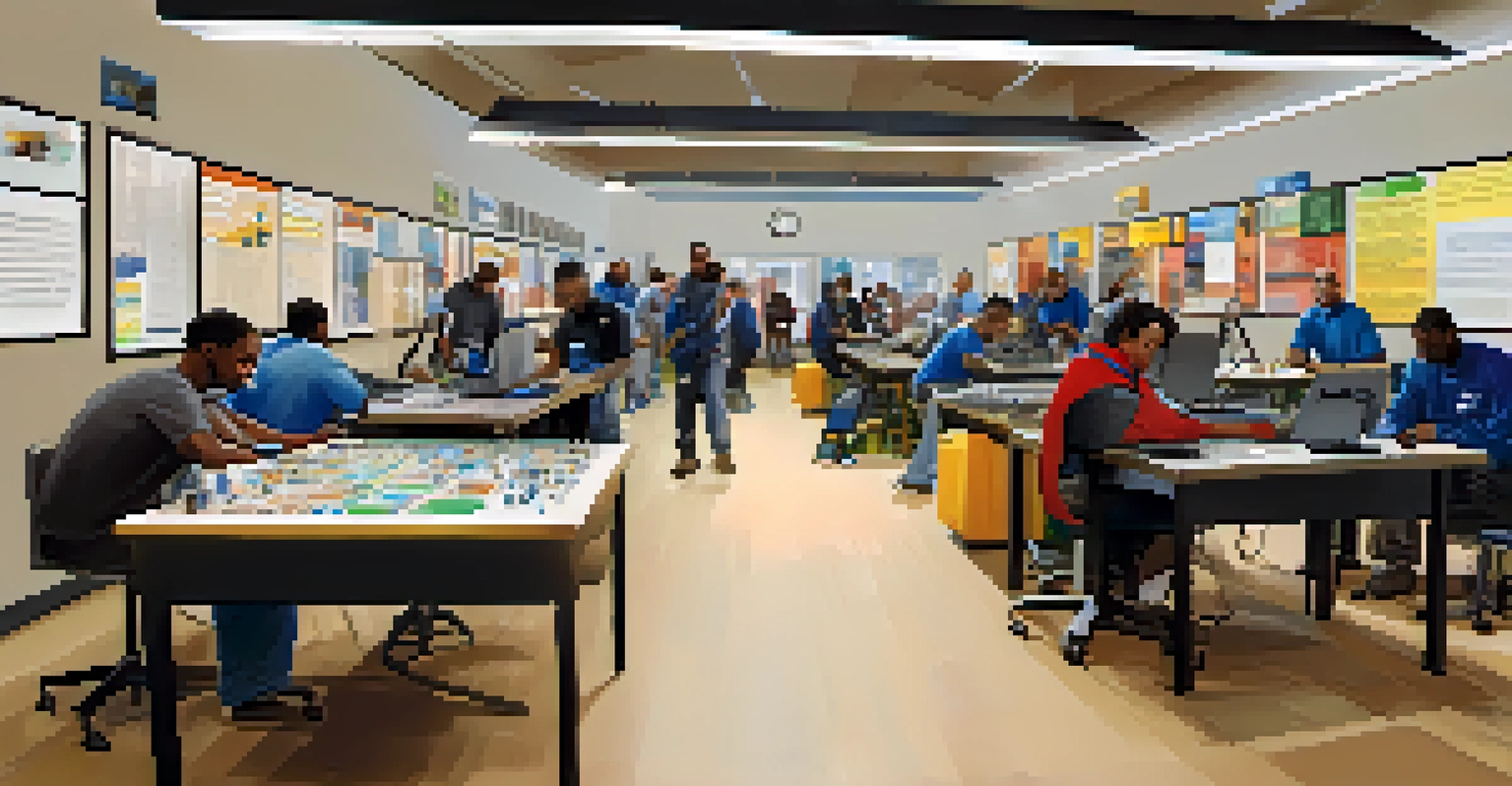 A diverse group of individuals participating in a reskilling workshop at a community training center in Detroit, surrounded by technology and learning materials.