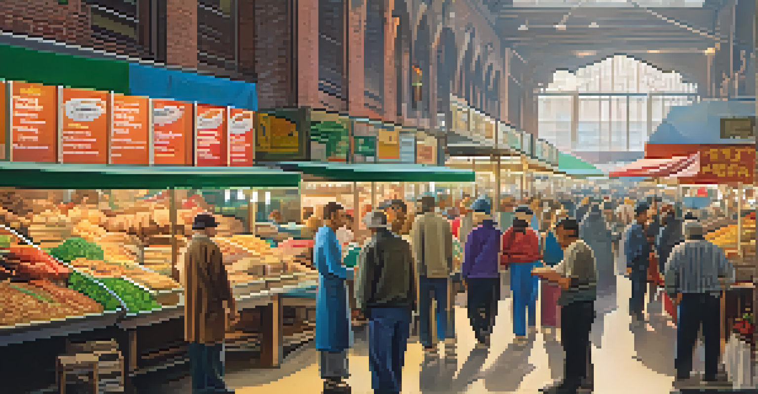 A lively food market scene at the Detroit Shipping Company, showcasing diverse food stalls and people enjoying meals in a vibrant atmosphere.