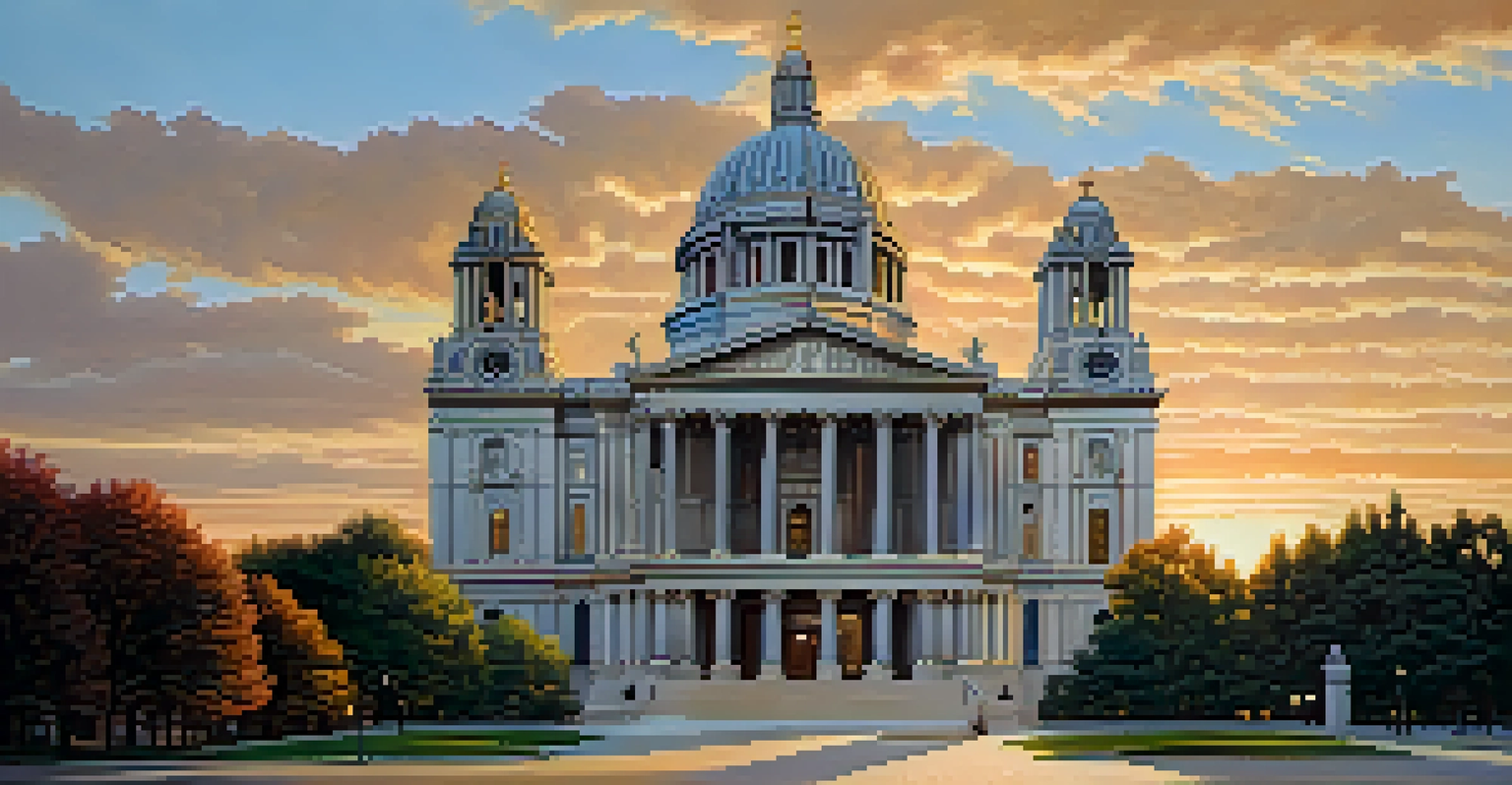 Exterior of the Cathedral of St. Paul, showcasing neoclassical architecture with grand columns and a sunset glow.