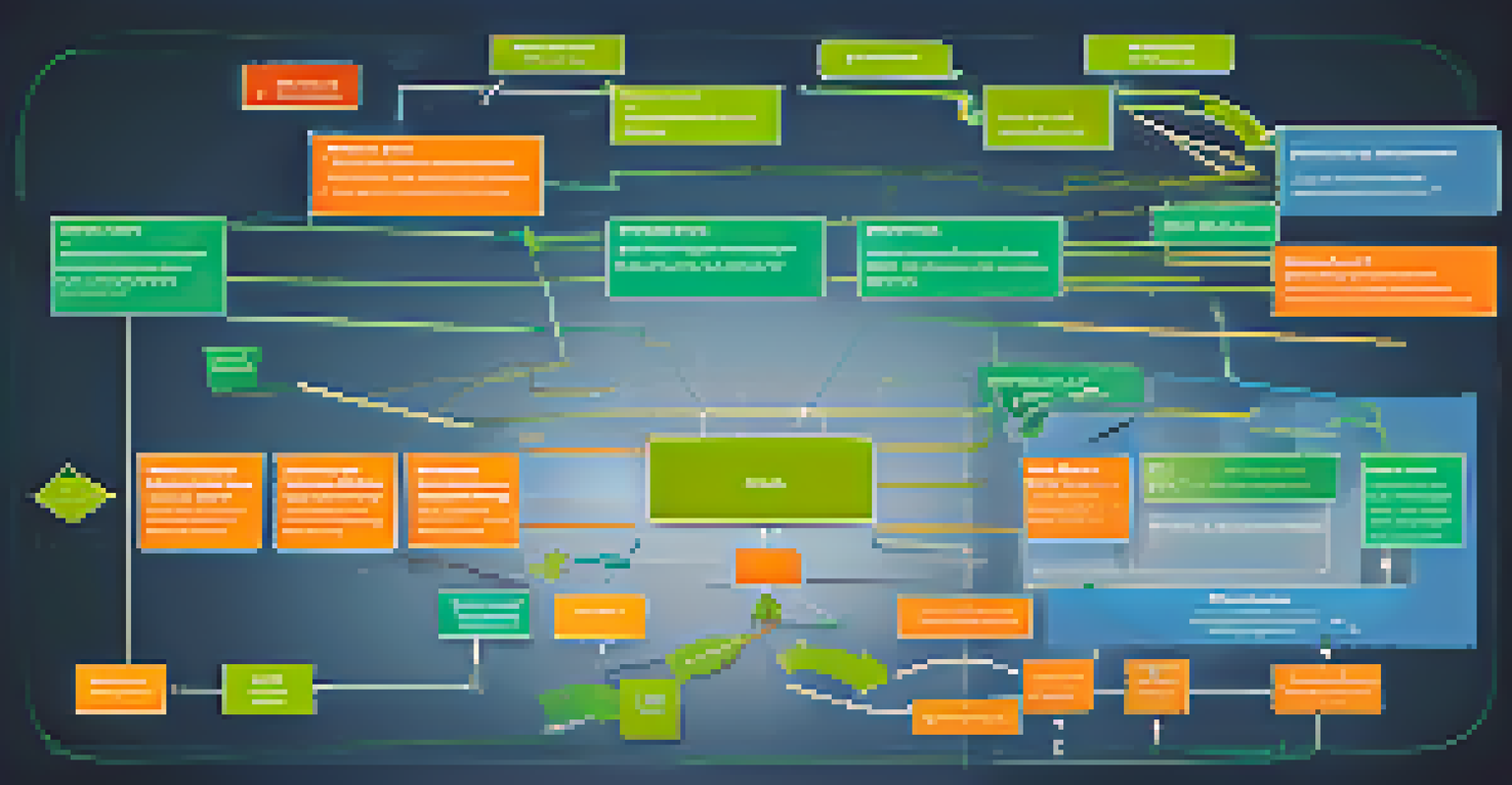 An abstract flowchart illustrating Alfred Sloan's management style, with vibrant colors and symbols of teamwork and creativity.