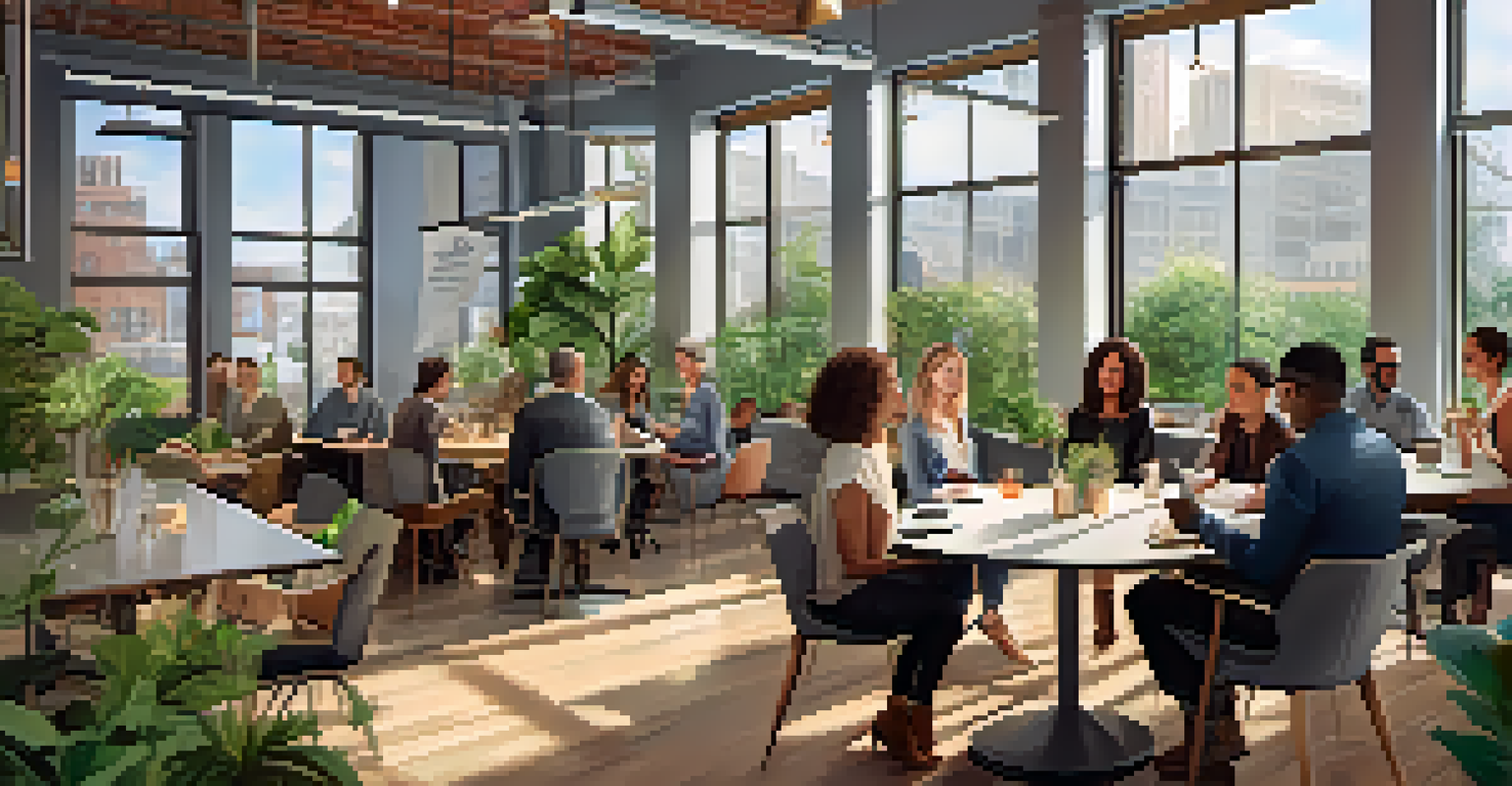 A networking event in a coworking space with entrepreneurs seated at tables, engaged in discussions, with large windows and plants in the background.