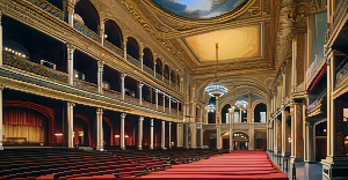 Interior view of the Detroit Opera House, highlighting its grand foyer with chandeliers and murals.
