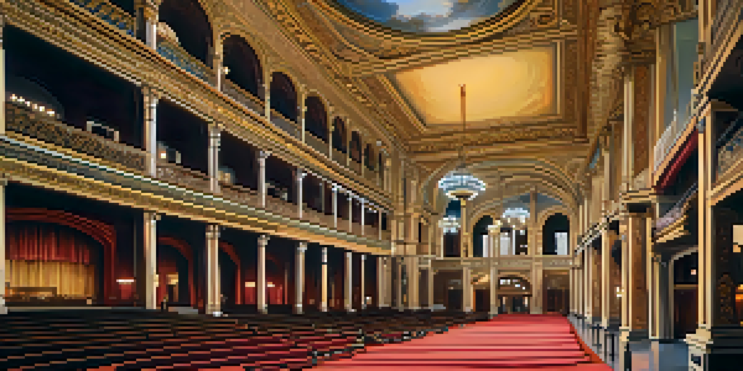 Interior view of the Detroit Opera House, highlighting its grand foyer with chandeliers and murals.