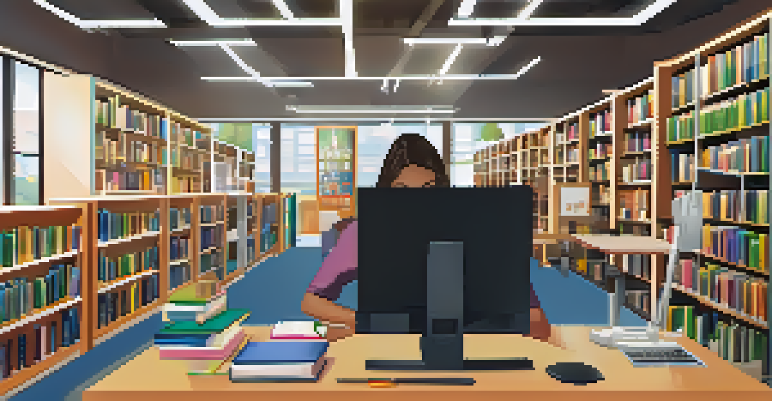 A close-up view of a library resource area featuring computers and educational materials, with an individual engaged in digital learning.