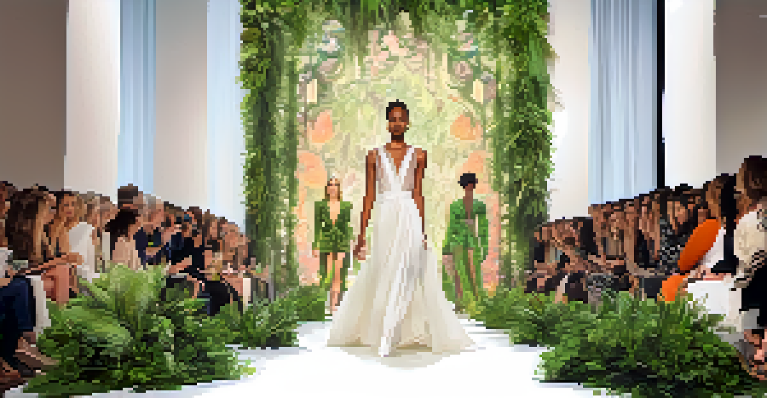 A fashion show runway in Detroit showcasing local designers with eco-friendly designs and a captivated audience.