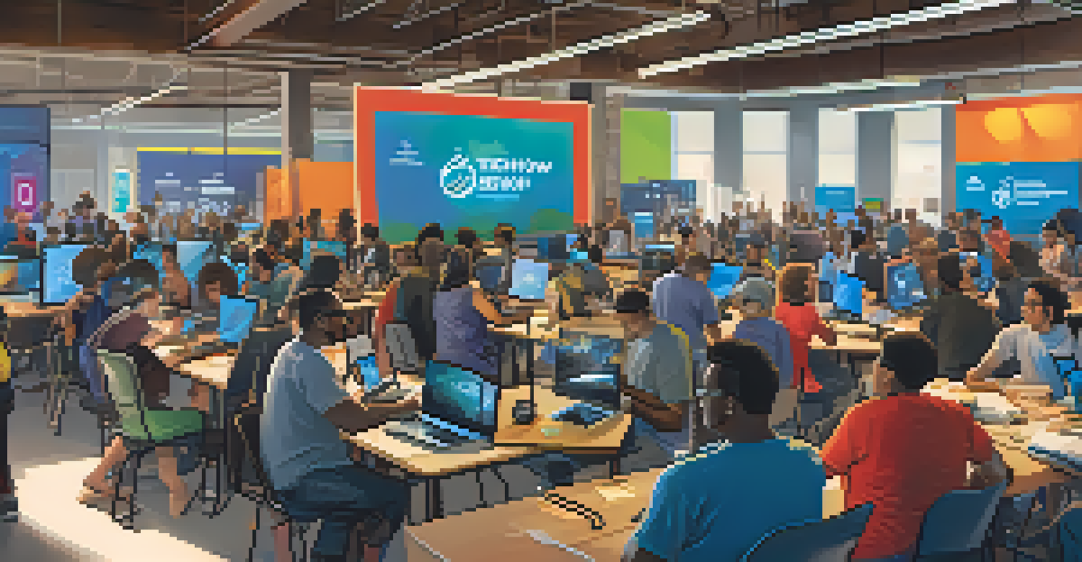 A vibrant community hackathon event in Detroit with diverse participants working together on coding challenges.