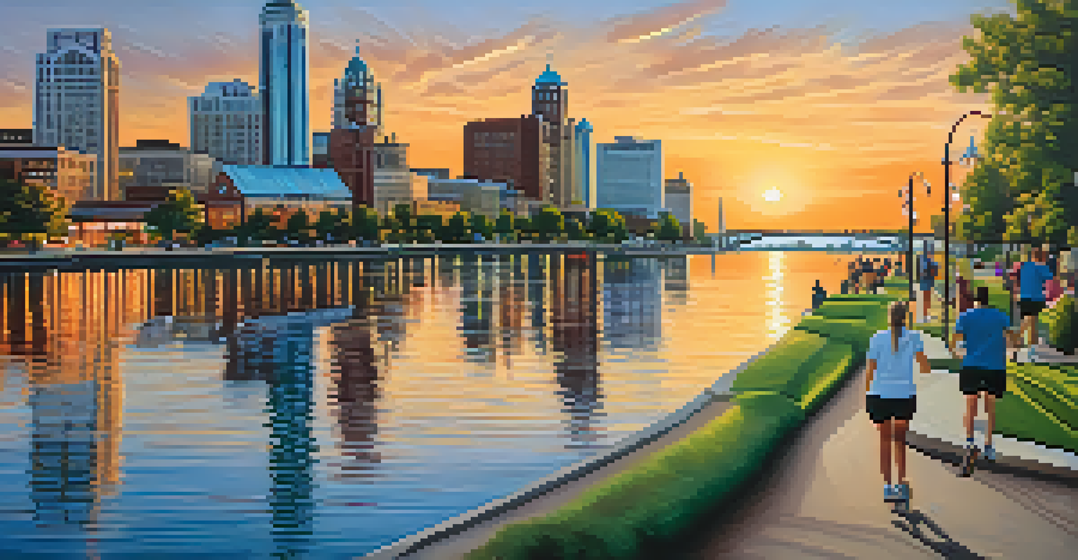 View of the Detroit RiverWalk at sunset with city skyline reflections and people enjoying the area.