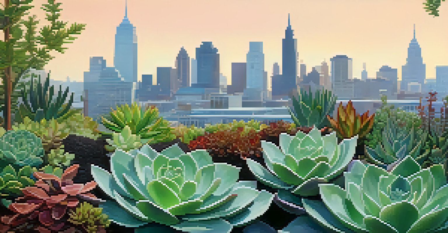 Close-up of a vibrant green roof showcasing various succulents and flowers with dew drops in the morning light, set against a blurred city skyline.