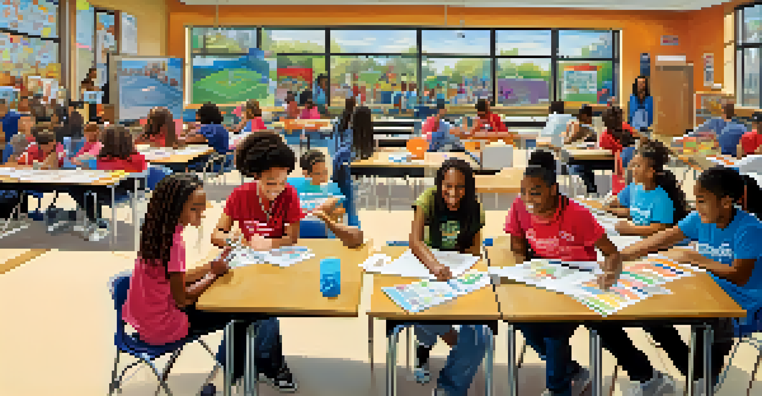 Students from a Detroit university volunteering at a community center, helping local children with educational activities and tutoring.