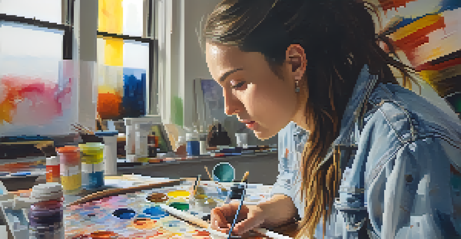 A young female artist painting on a canvas in her studio, surrounded by art supplies and unfinished artworks.