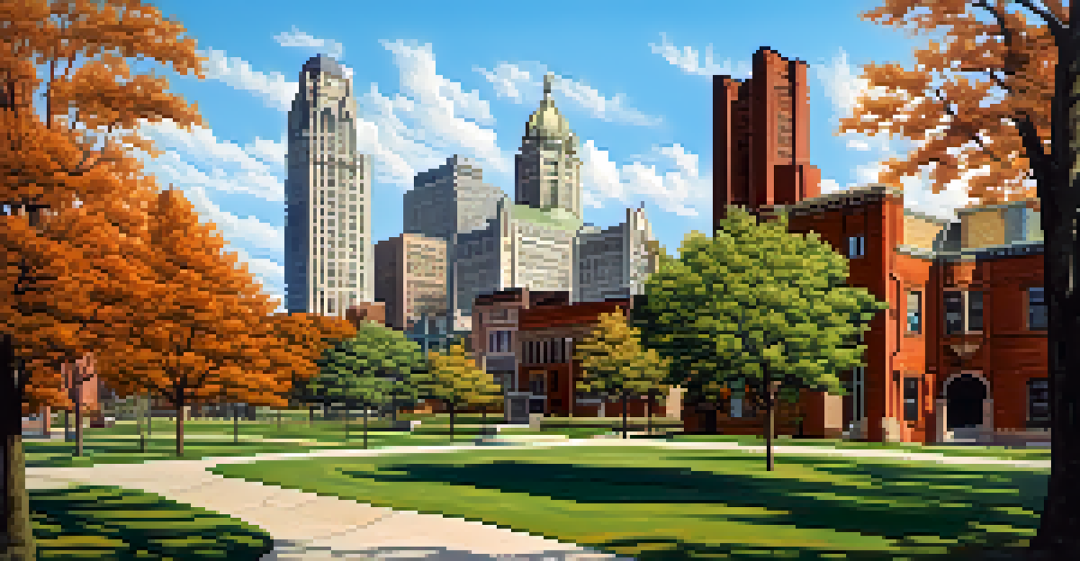 A modern skyline of Detroit showing a blend of historic and contemporary architecture, symbolizing growth and renewal under a blue sky.