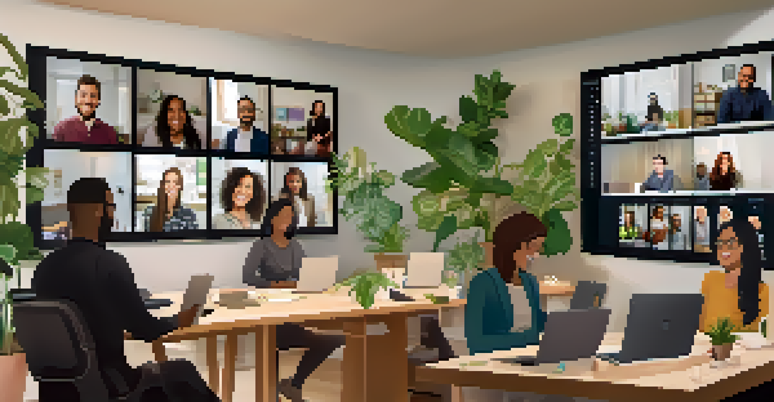 A virtual networking event with diverse participants on video calls, in well-lit home office settings.