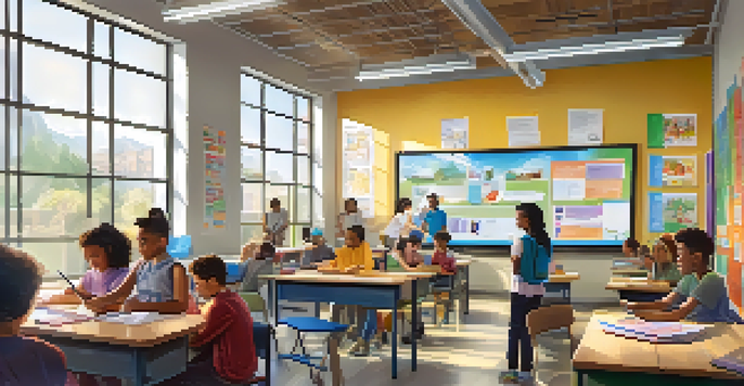 A lively classroom filled with students of diverse backgrounds using tablets and computers, while a teacher guides them in a bright environment with educational posters.
