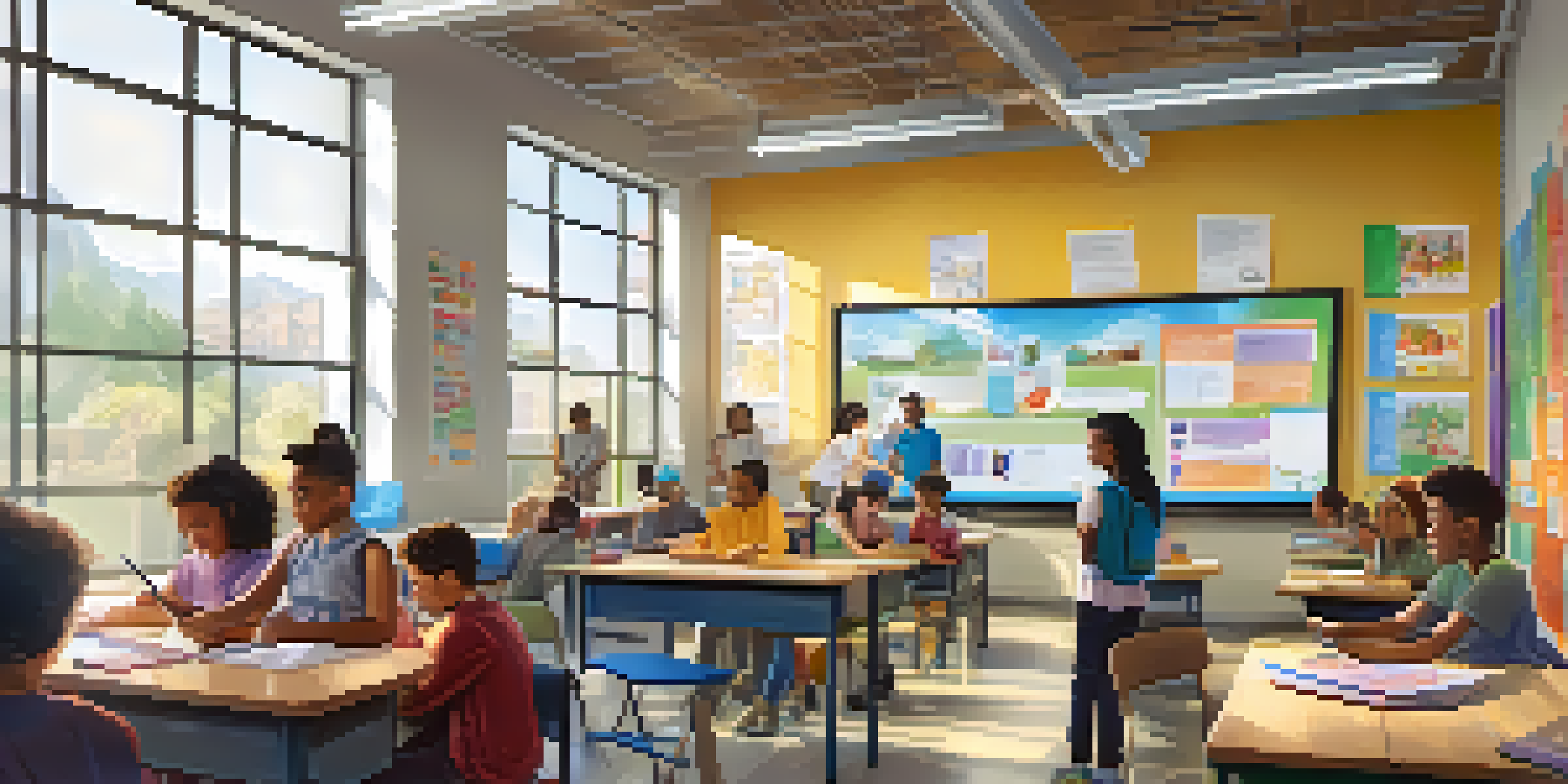 A lively classroom filled with students of diverse backgrounds using tablets and computers, while a teacher guides them in a bright environment with educational posters.