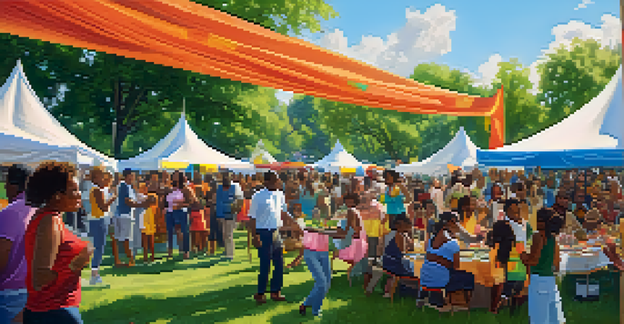 A lively community gathering in a Detroit park showcasing diverse cultural activities with people of different backgrounds celebrating together.