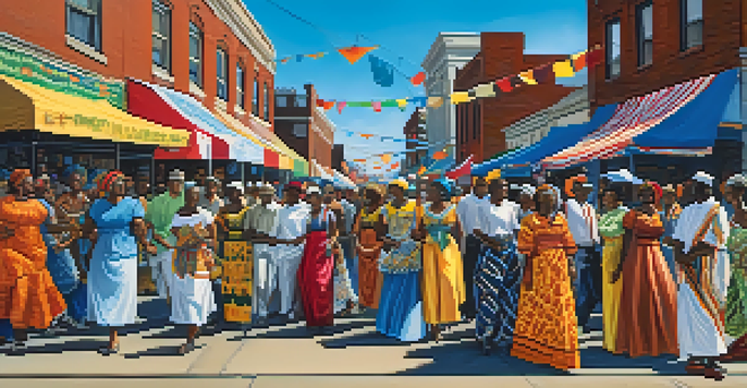 A bustling street festival in Detroit with people in colorful traditional African clothing, food stalls, and historic buildings in the background.