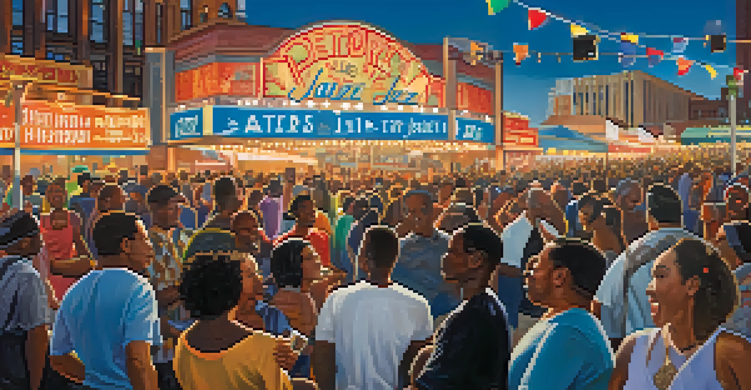 A lively outdoor scene of fans enjoying the Detroit Jazz Festival, with musicians on stage and colorful lights illuminating the crowd.
