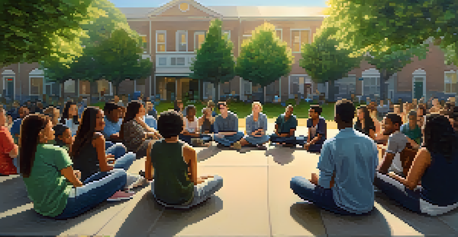 A diverse group of young people sitting in a circle at a town hall meeting, sharing ideas in a community setting.