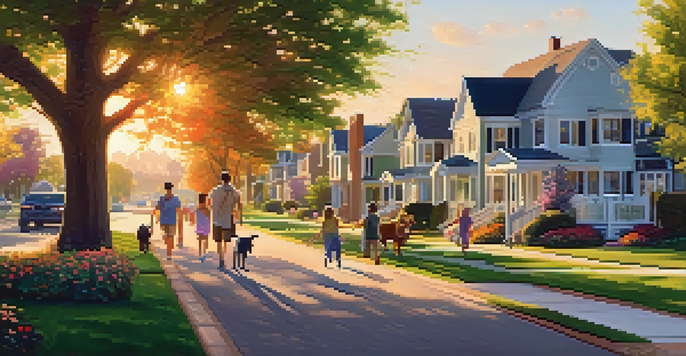 A peaceful suburban neighborhood at sunset, with children playing in a park and families enjoying the outdoors.