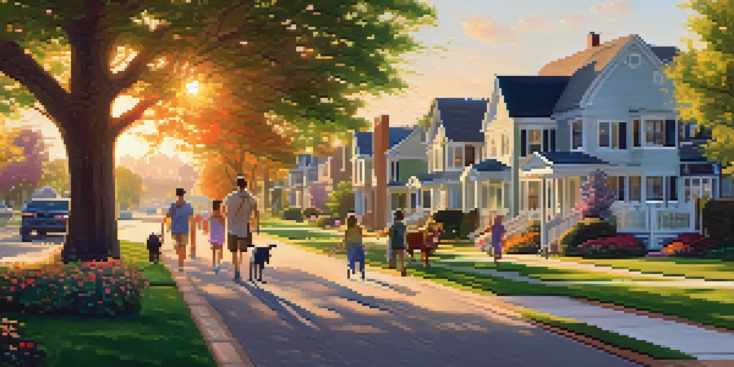 A peaceful suburban neighborhood at sunset, with children playing in a park and families enjoying the outdoors.