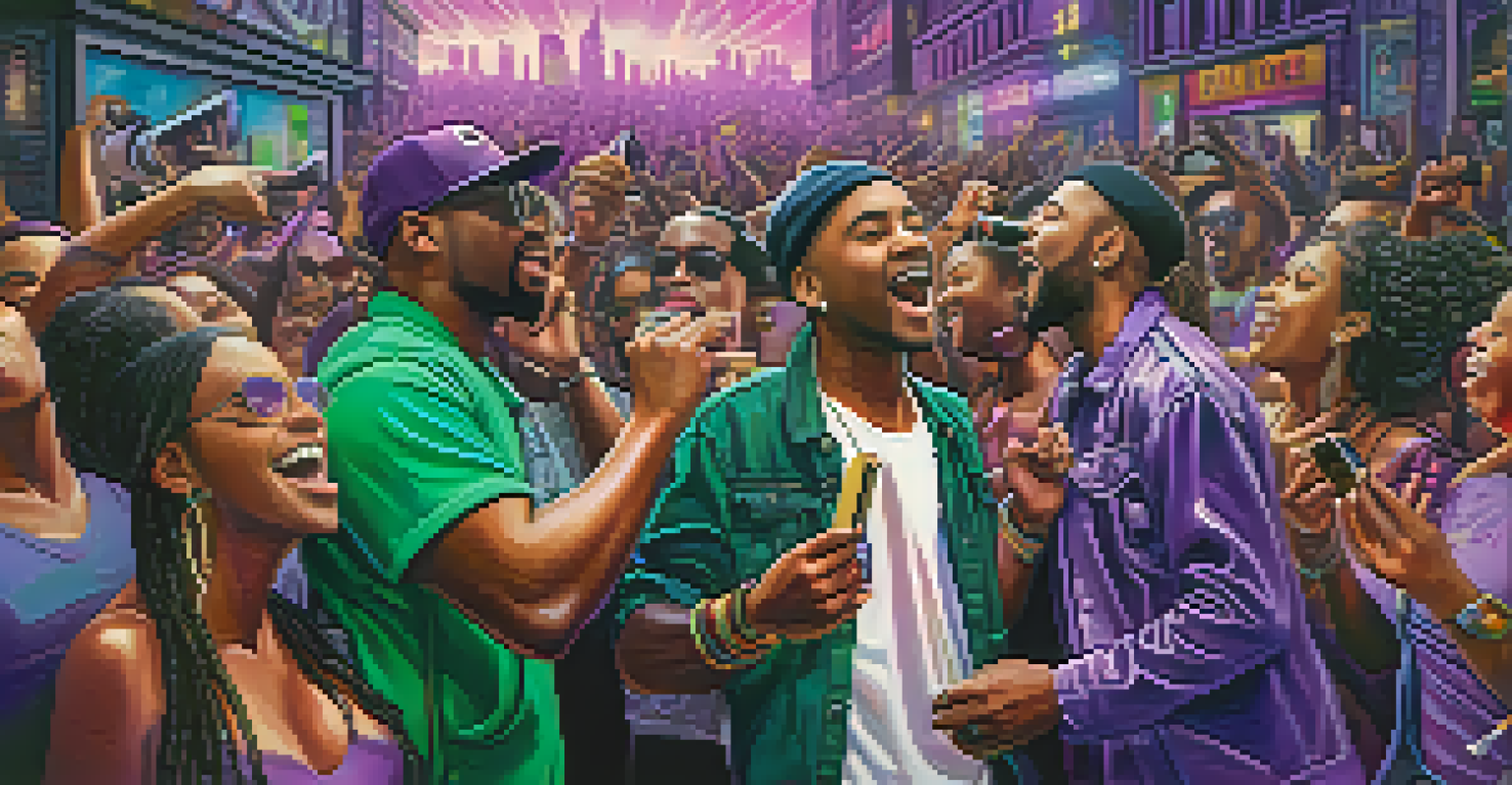 A lively hip-hop performance in Detroit with an artist on stage and an engaged crowd, surrounded by urban graffiti art.