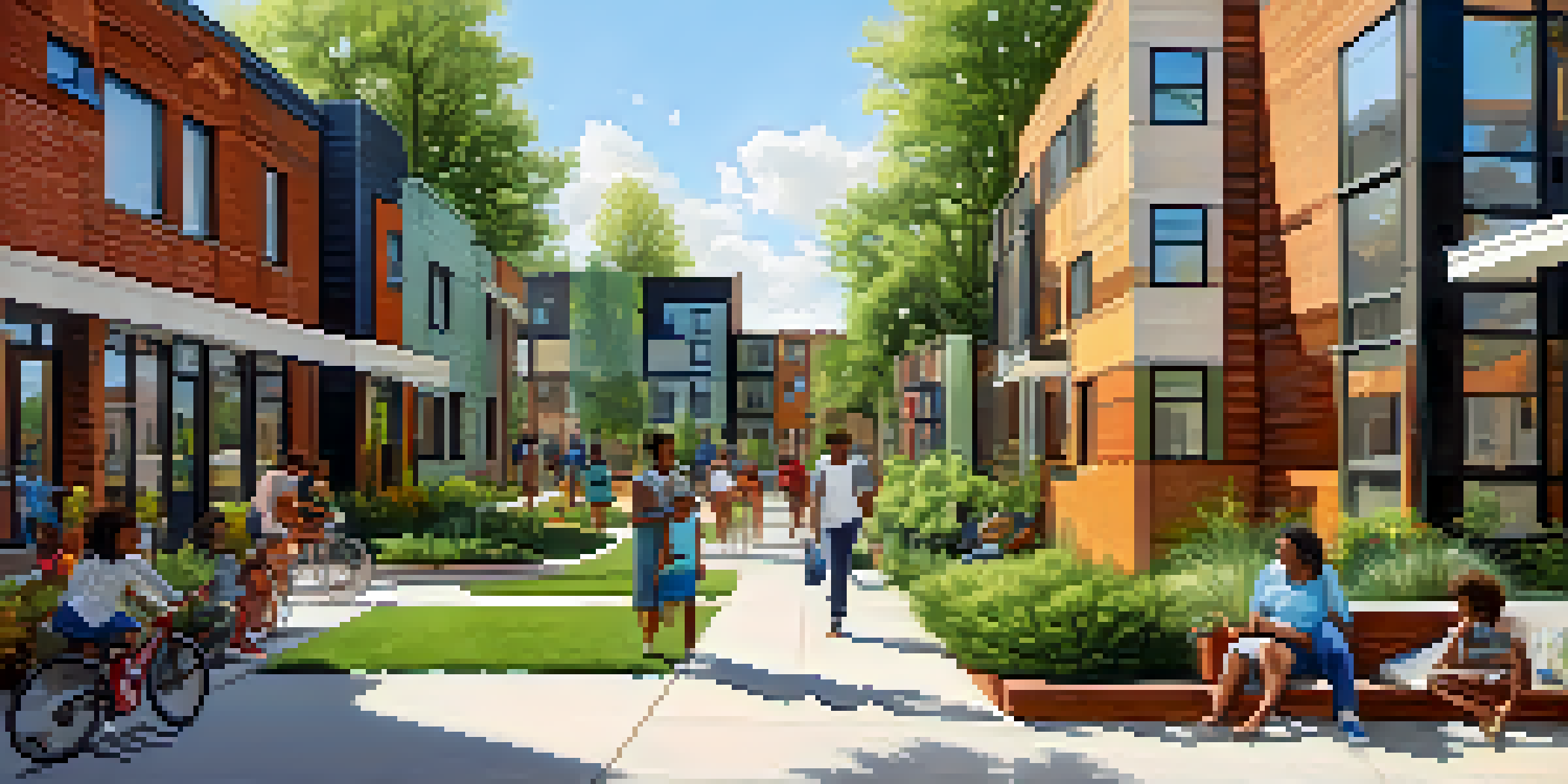 A lively Detroit street with a modern affordable housing complex, green gardens, and families enjoying the outdoors.
