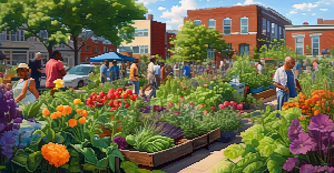 A bustling community garden in Detroit with diverse residents gardening together under warm sunlight, surrounded by colorful plants and urban buildings.