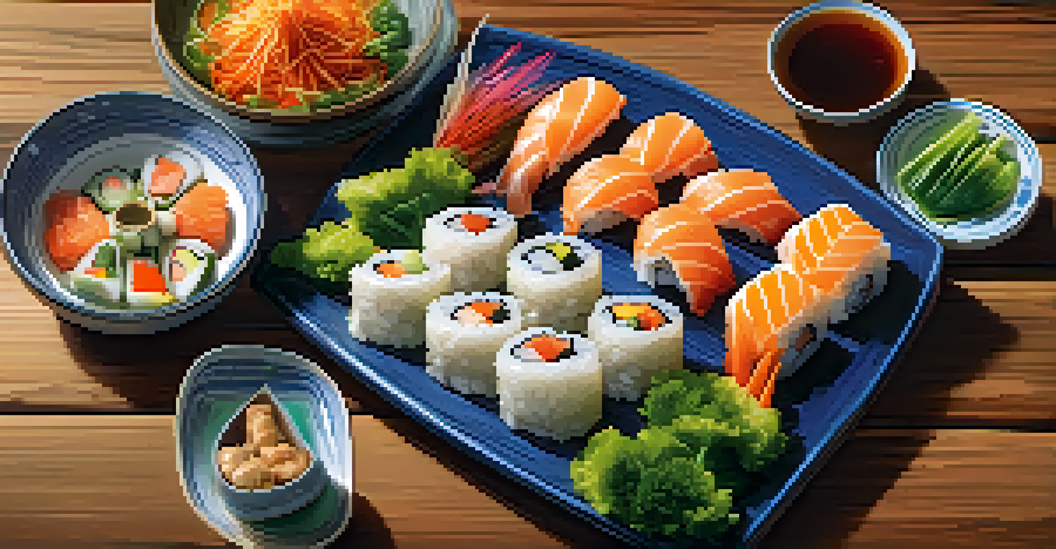A detailed view of a plate of Asian fusion cuisine, including sushi and dumplings, showcasing the vibrant colors and textures of the food.
