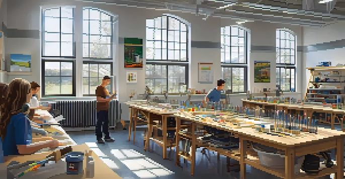 A modern classroom workshop where industry professionals teach students with tools and machinery models, illuminated by natural light.