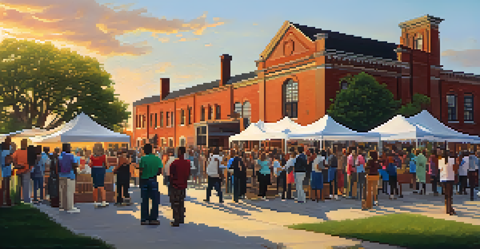 A community gathering in front of a restored historic site in Detroit, with people promoting preservation efforts.