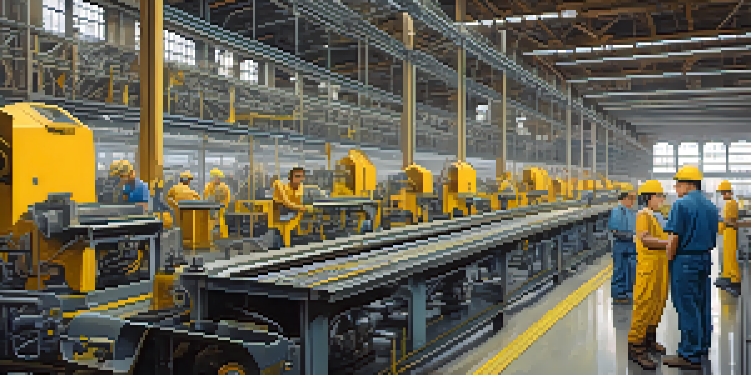 An interior view of a modern assembly line in a Detroit factory, with workers and machinery in a well-lit setting.