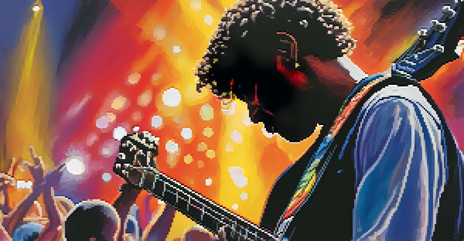A passionate local artist performing on stage with a guitar, surrounded by a captivated audience and colorful lights.