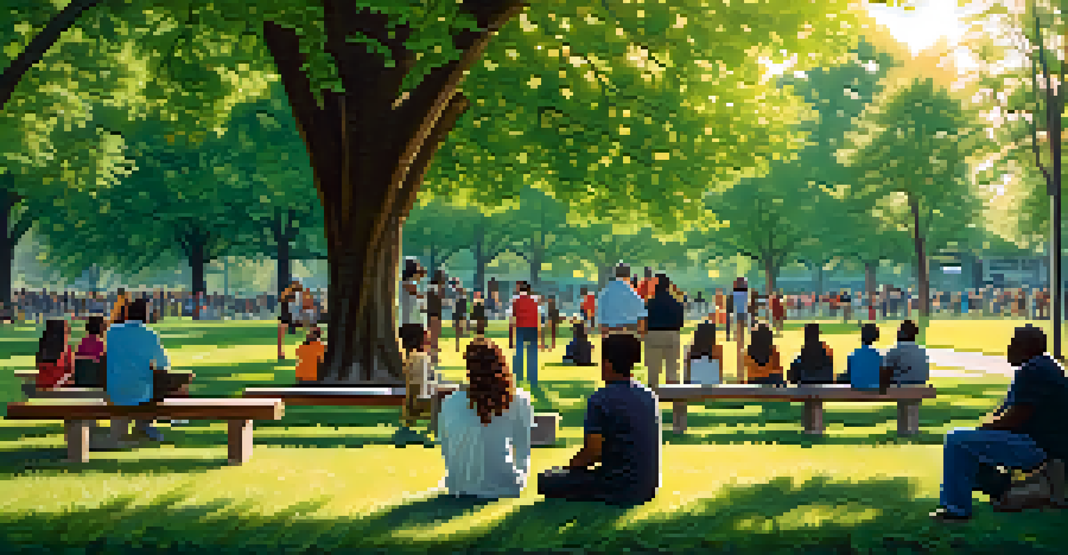 A community meeting in a Detroit park focused on social justice, with diverse members seated under trees.