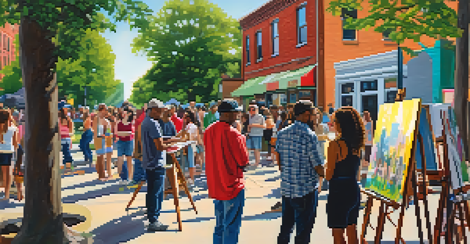 A lively community art event in Brush Park with local artists and colorful murals, showcasing a vibrant atmosphere of creativity.