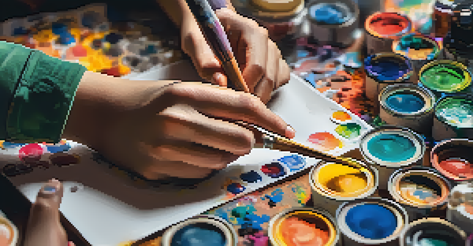 A close-up of a young person's hands painting an abstract canvas in a colorful artist's studio, surrounded by paint supplies.