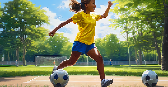 A young girl in a yellow soccer jersey playing in a park, surrounded by cheering friends and trees, under a sunny sky.