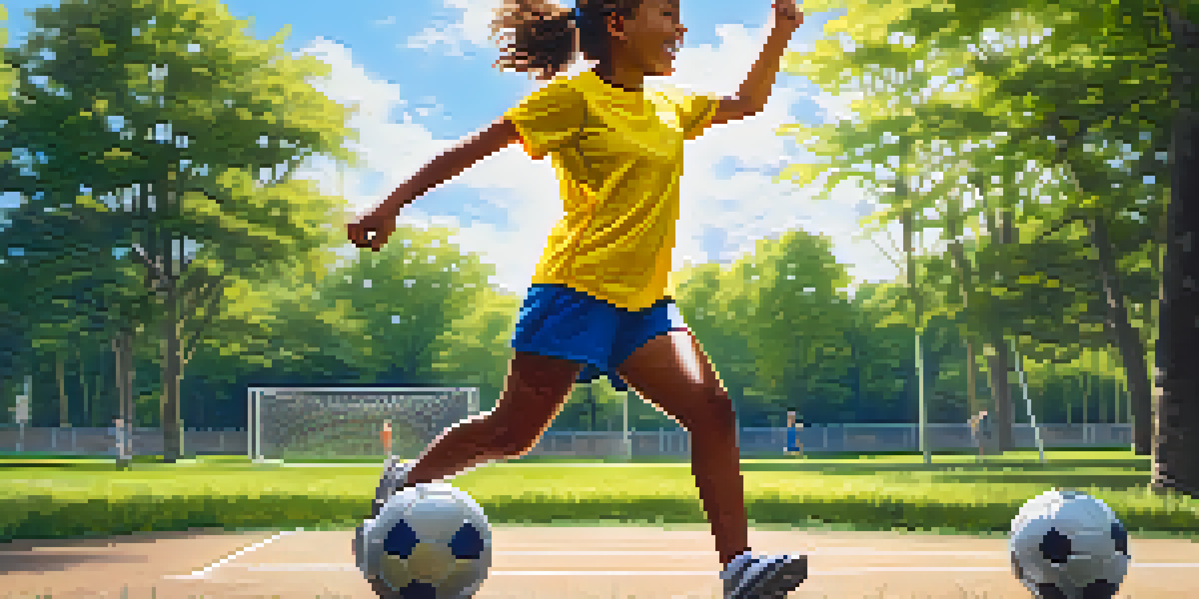 A young girl in a yellow soccer jersey playing in a park, surrounded by cheering friends and trees, under a sunny sky.