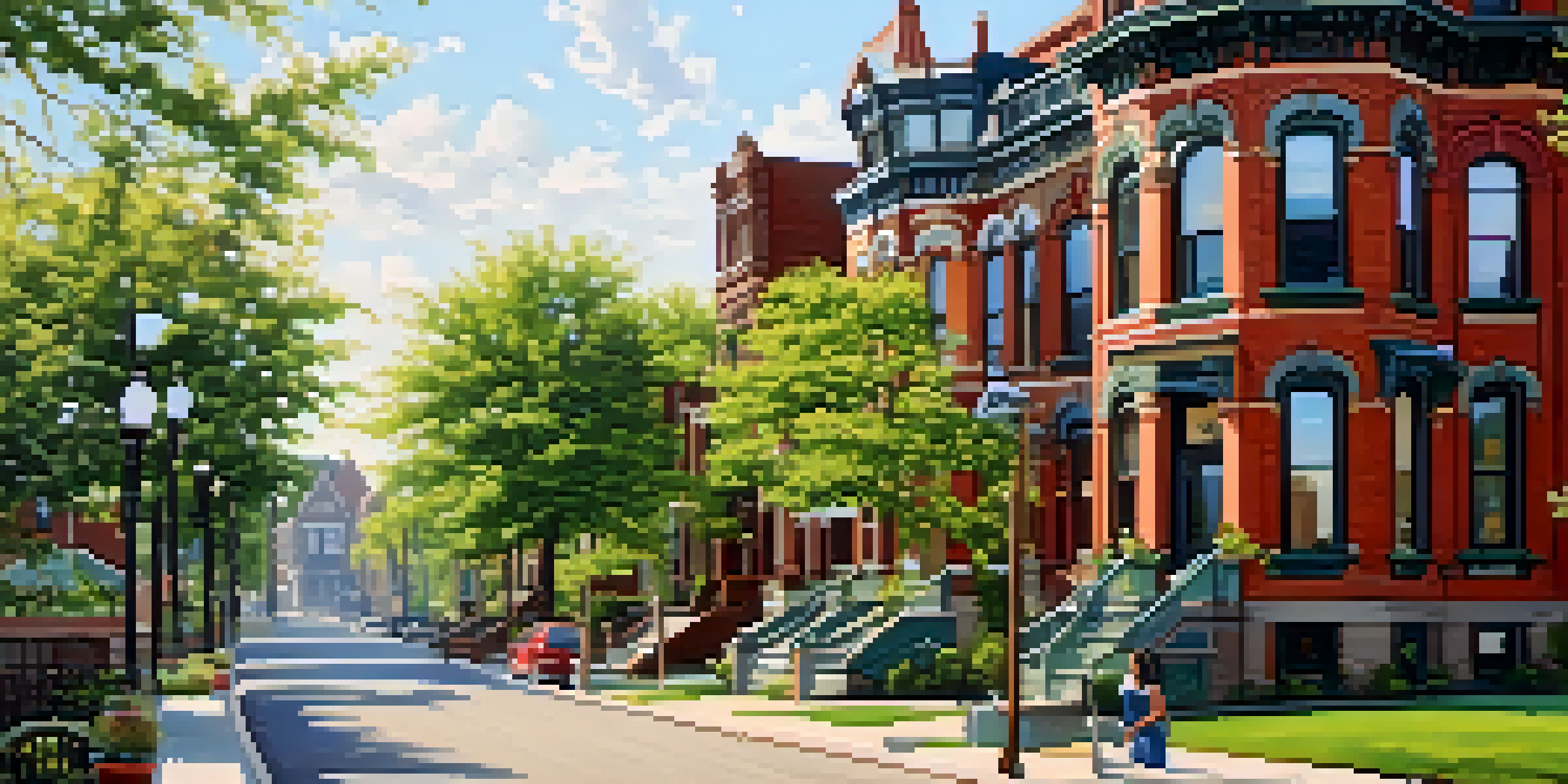 An inviting street in Brush Park with restored Victorian mansions and greenery, under warm sunlight, capturing a peaceful neighborhood vibe.