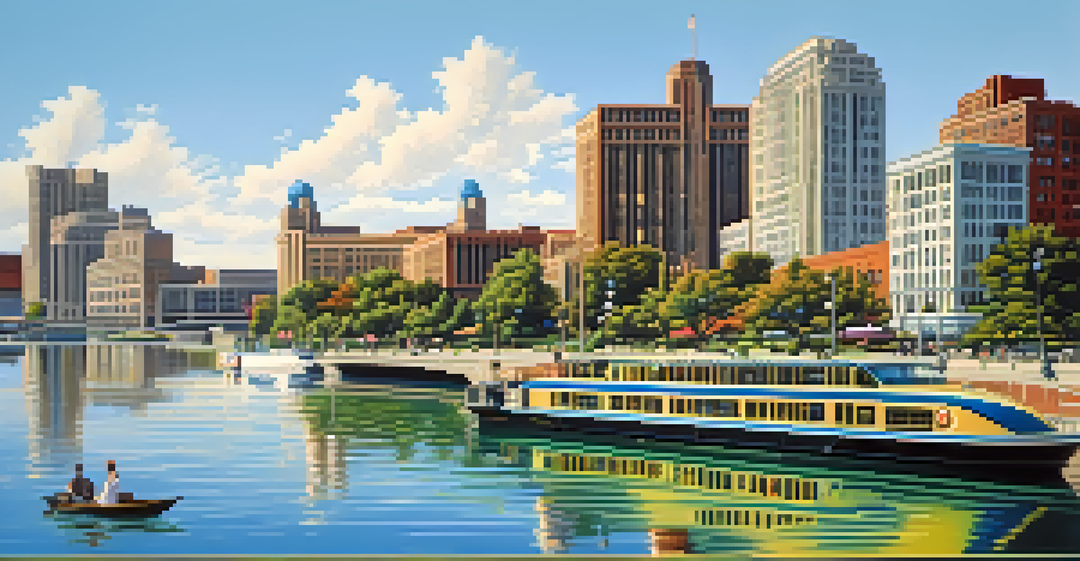 A scene of the Detroit International Riverfront showcasing Art Deco architecture, with people walking along the Riverwalk and boats on the water under a clear blue sky.