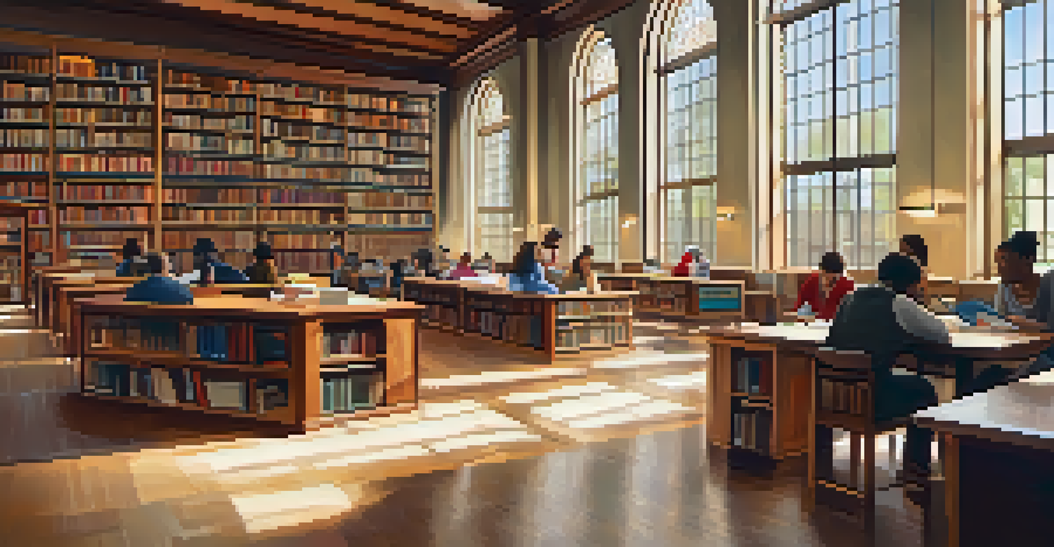 A cozy reading room in a Detroit library with wooden shelves, large windows letting in natural light, and people reading and studying.